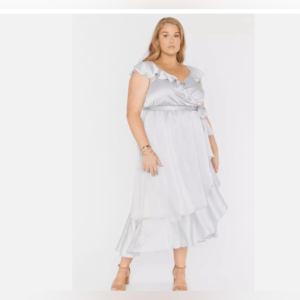 Show Me Your MuMu Samantha Ruffle Wrap dress in Silver Luxe Satin size 1X NWT